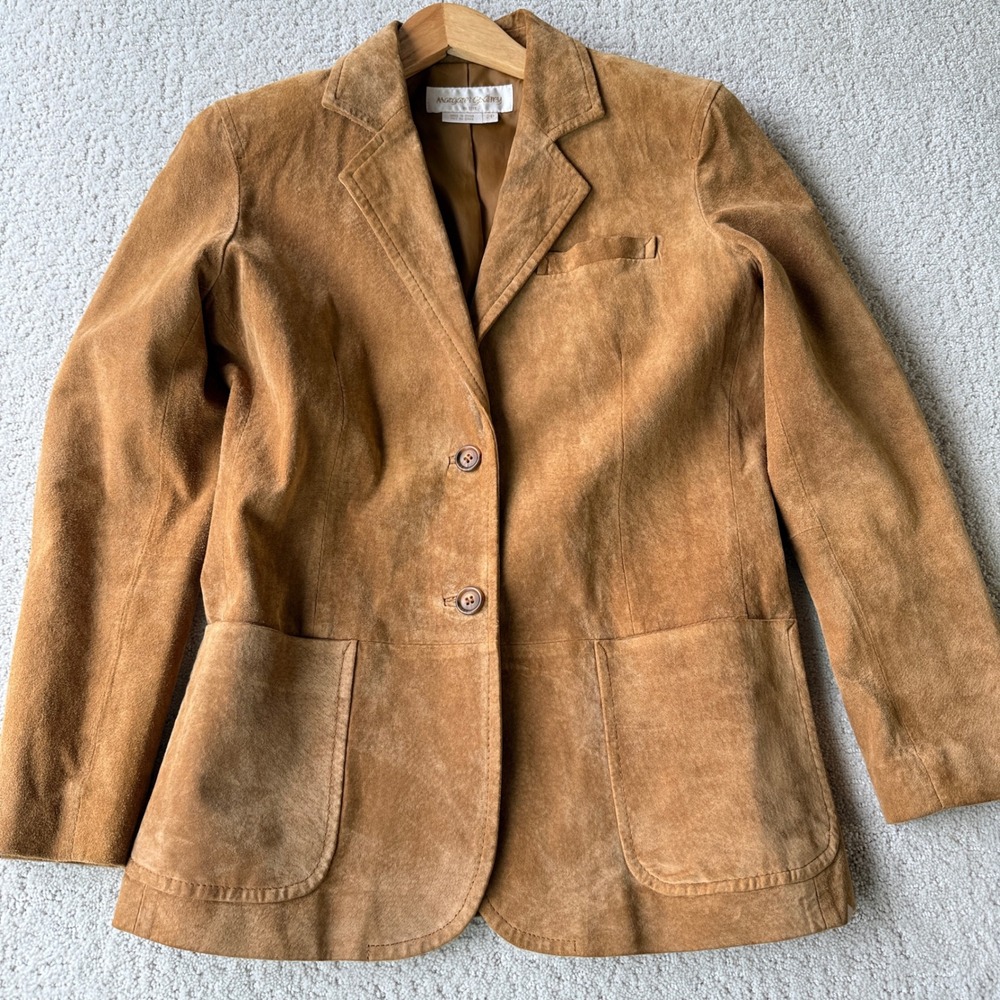 Margaret Godfrey Suede Blazer Womens 2P Camel Tan Leather 2-Button Jacket 8017
